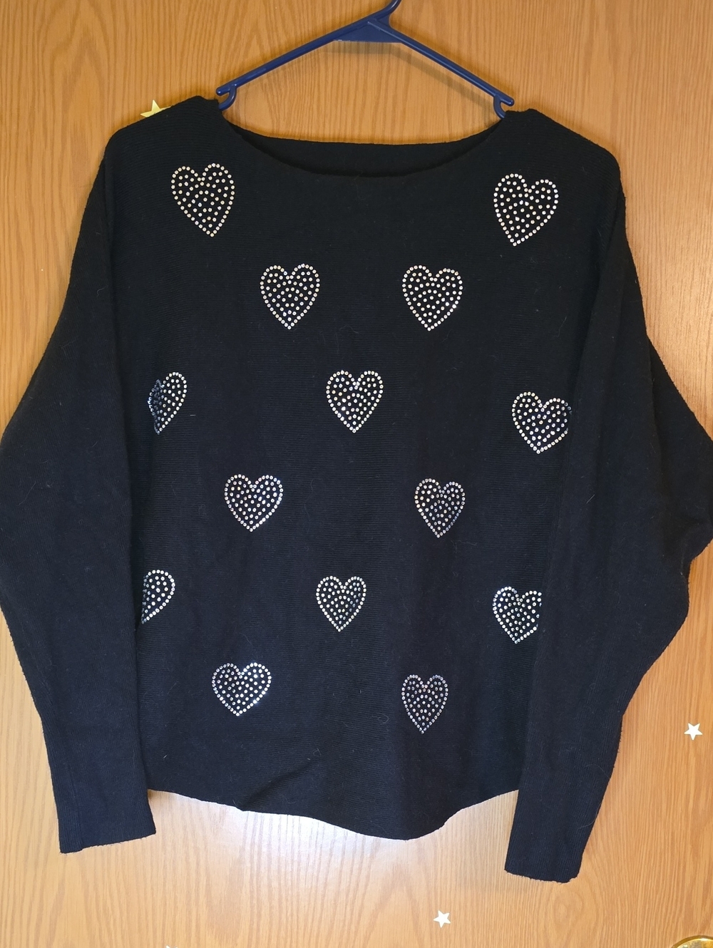 Black Women's Crewneck Sweater with Heart Studs